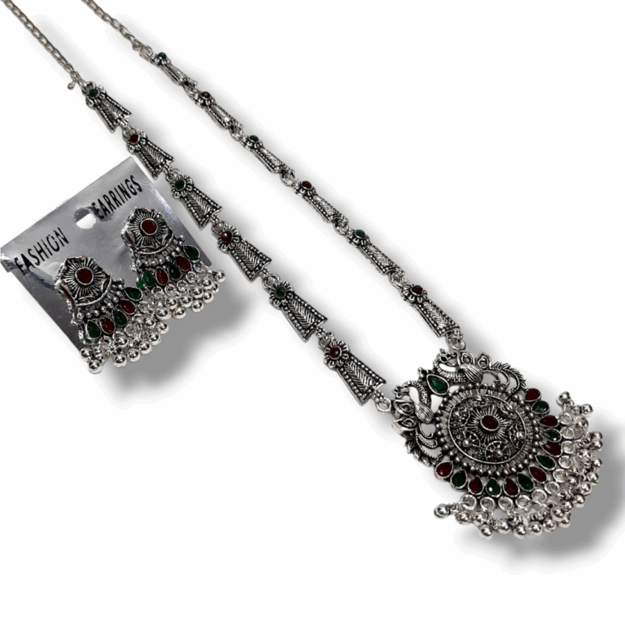 Silver Oxidized Plated Necklace With Earrings Set ( Maroon + green ) - Image 2