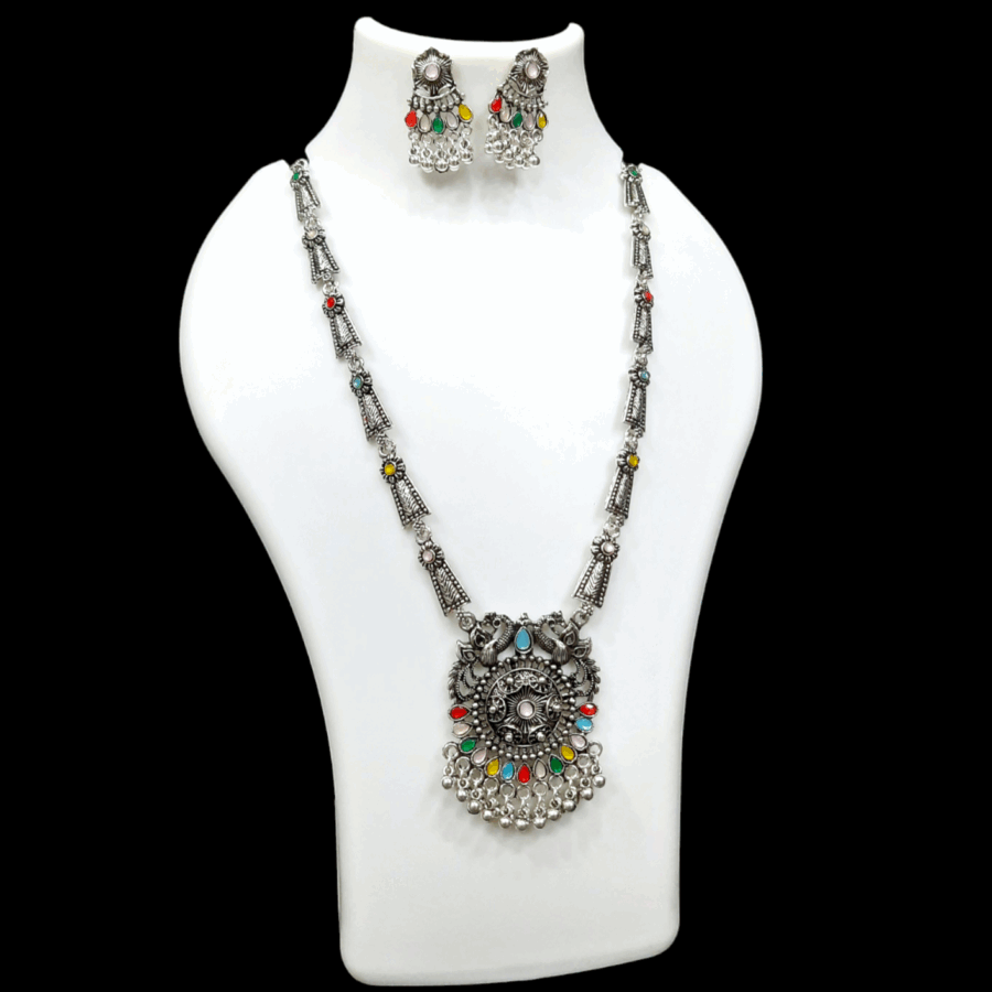 Silver Oxidized Plated Necklace With Earrings Set ( Multi )