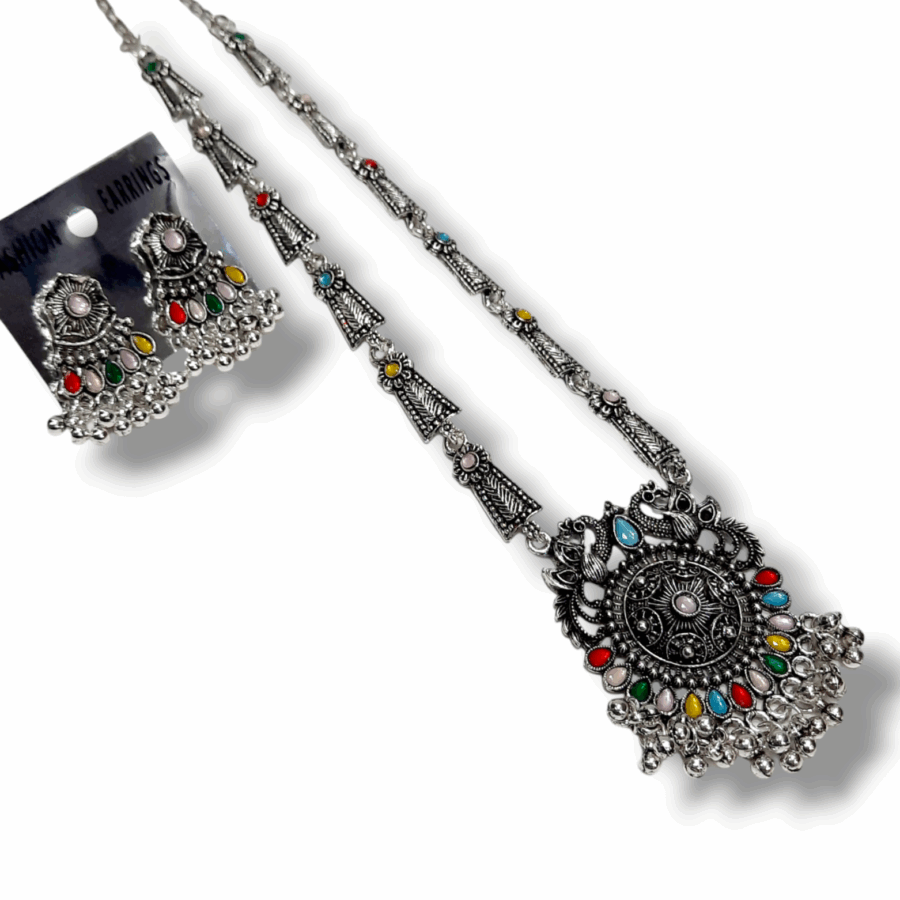 Silver Oxidized Plated Necklace With Earrings Set ( Multi ) - Image 2