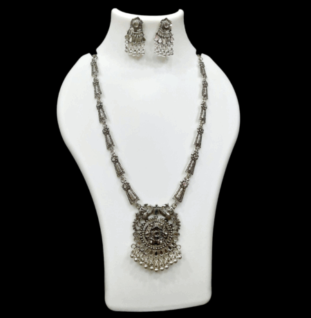 Silver Oxidized Plated Necklace With Earrings Set ( White )