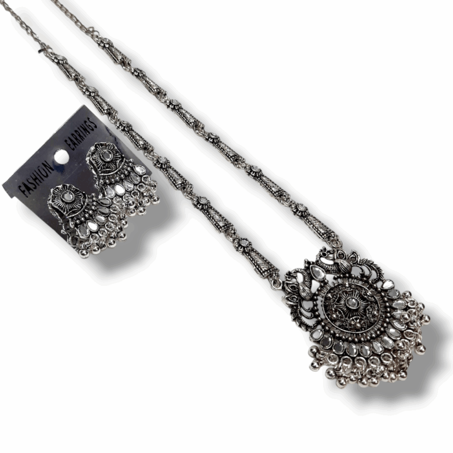 Silver Oxidized Plated Necklace With Earrings Set ( White ) - Image 2