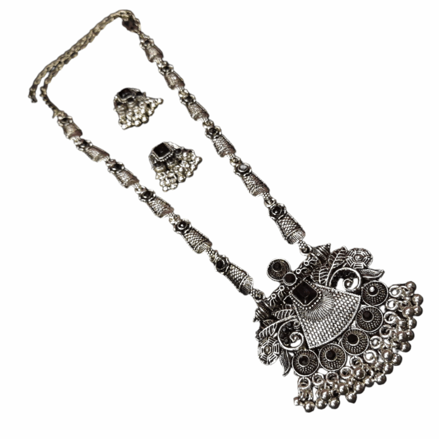 Silver Oxidized Plated Necklace With Earrings Set ( Black ) - Image 3