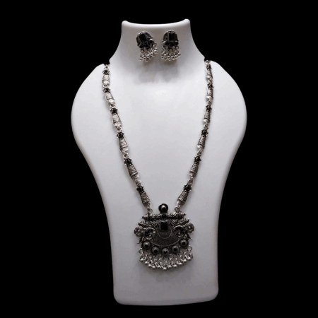 Silver Oxidized Plated Necklace With Earrings Set ( Black )