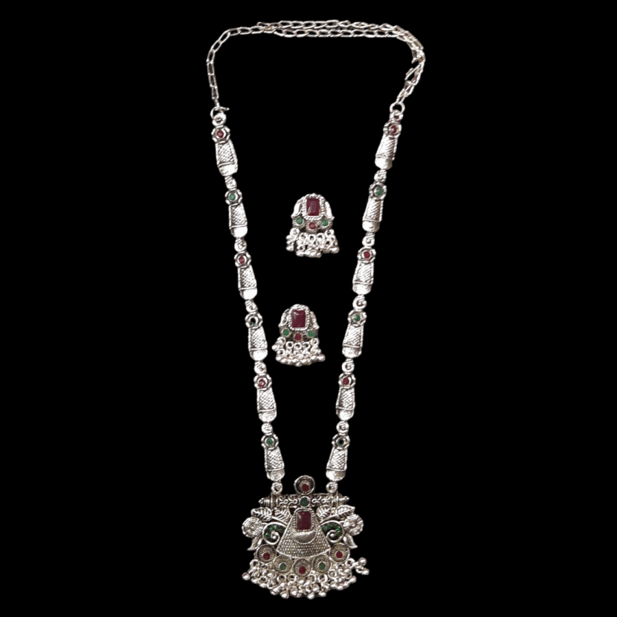 Silver Oxidized Plated Necklace With Earrings Set ( Maroon + green ) - Image 2