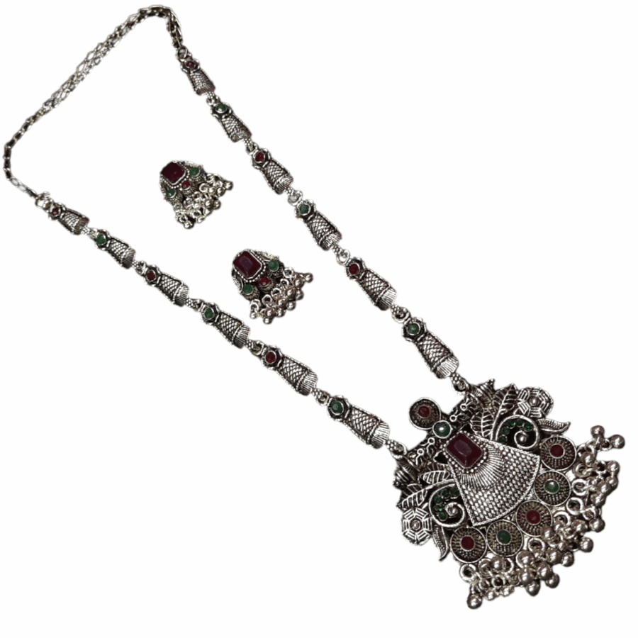 Silver Oxidized Plated Necklace With Earrings Set ( Maroon + green ) - Image 3