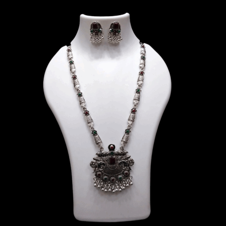 Silver Oxidized Plated Necklace With Earrings Set ( Maroon + green )