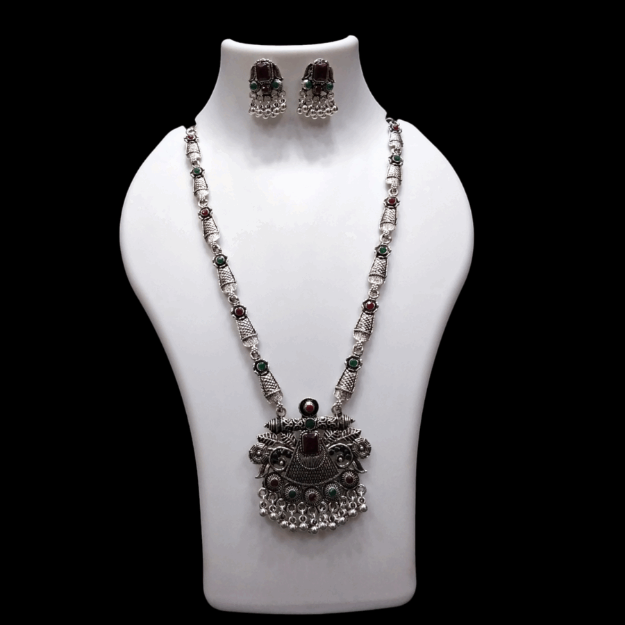 Silver Oxidized Plated Necklace With Earrings Set ( Maroon + green )