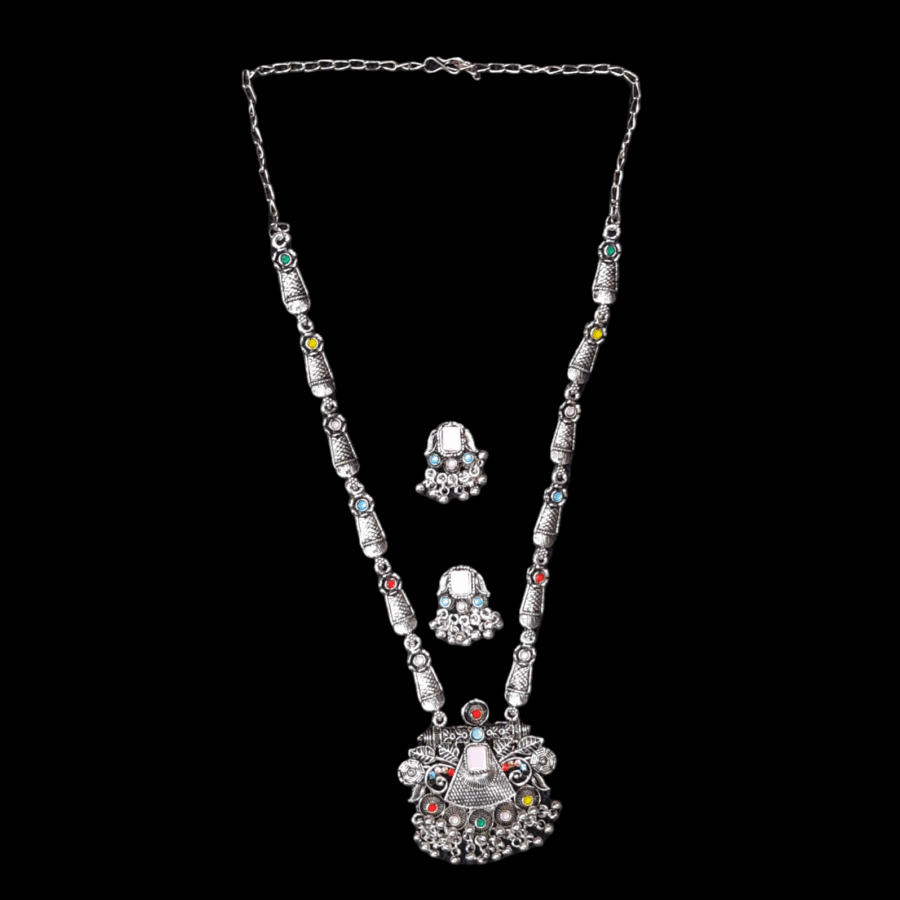 Silver Oxidized Plated Necklace With Earrings Set ( Multi ) - Image 2