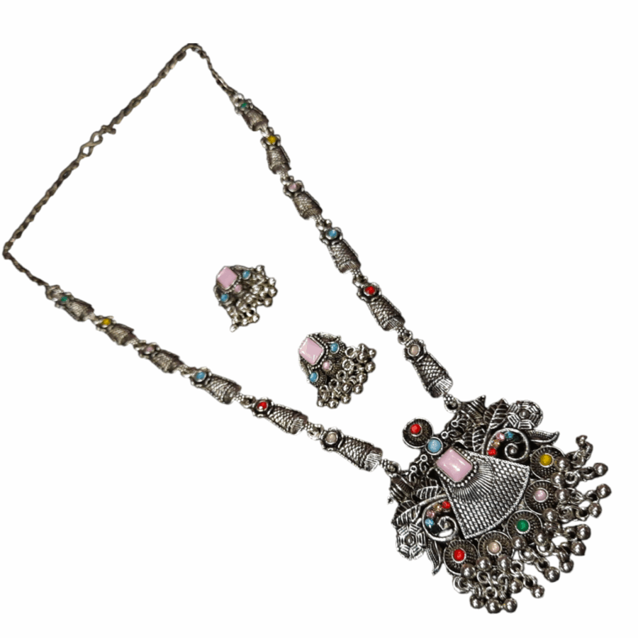 Silver Oxidized Plated Necklace With Earrings Set ( Multi ) - Image 3