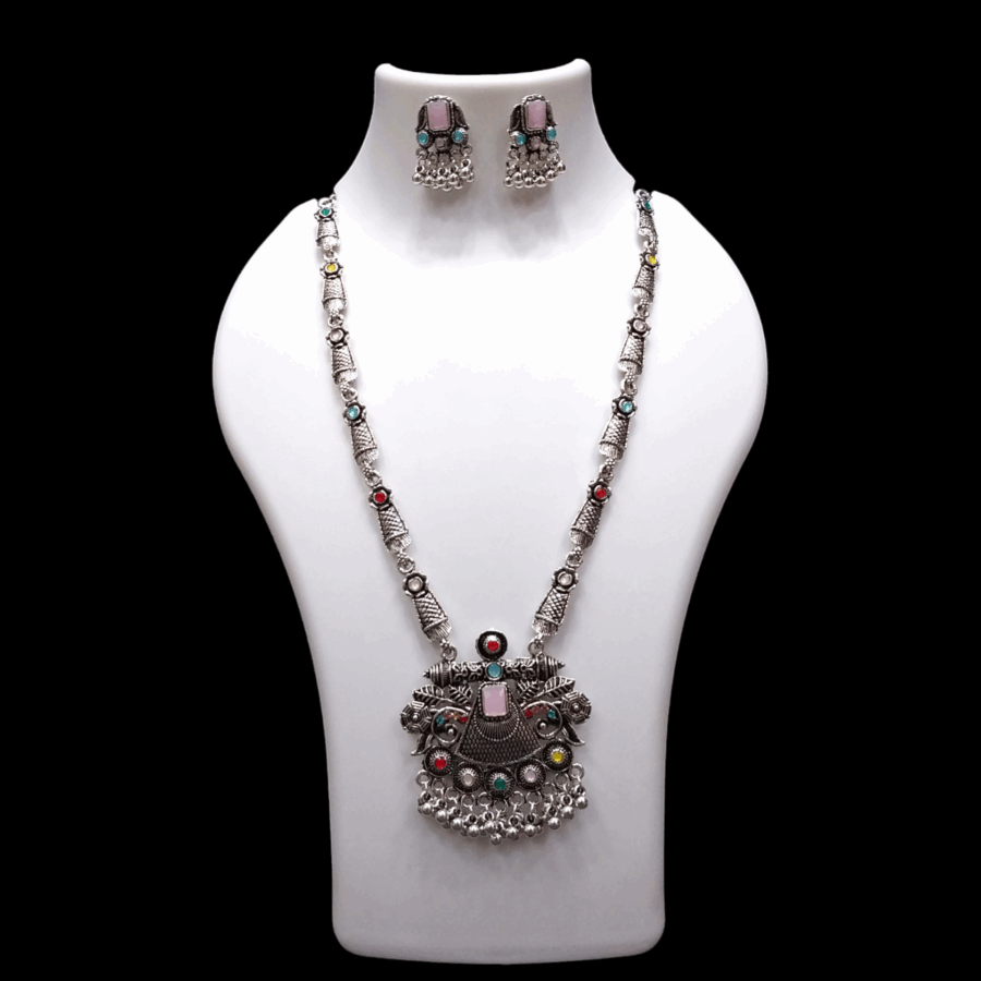Silver Oxidized Plated Necklace With Earrings Set ( Multi )