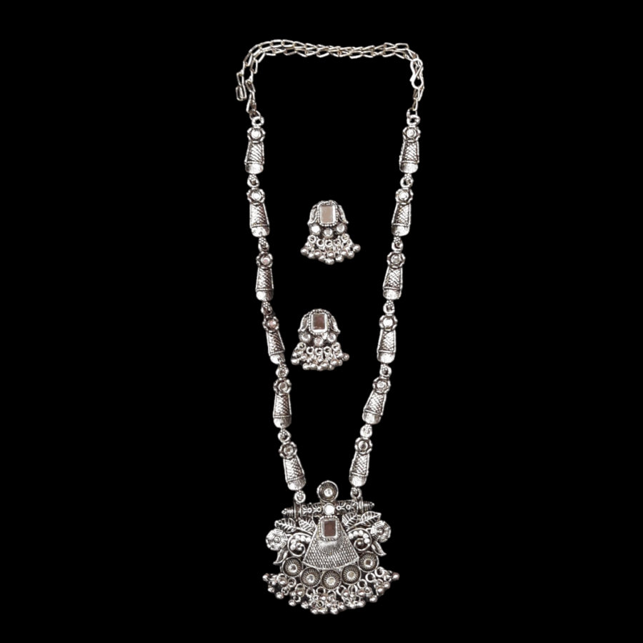 Silver Oxidized Plated Necklace With Earrings Set ( White ) - Image 2