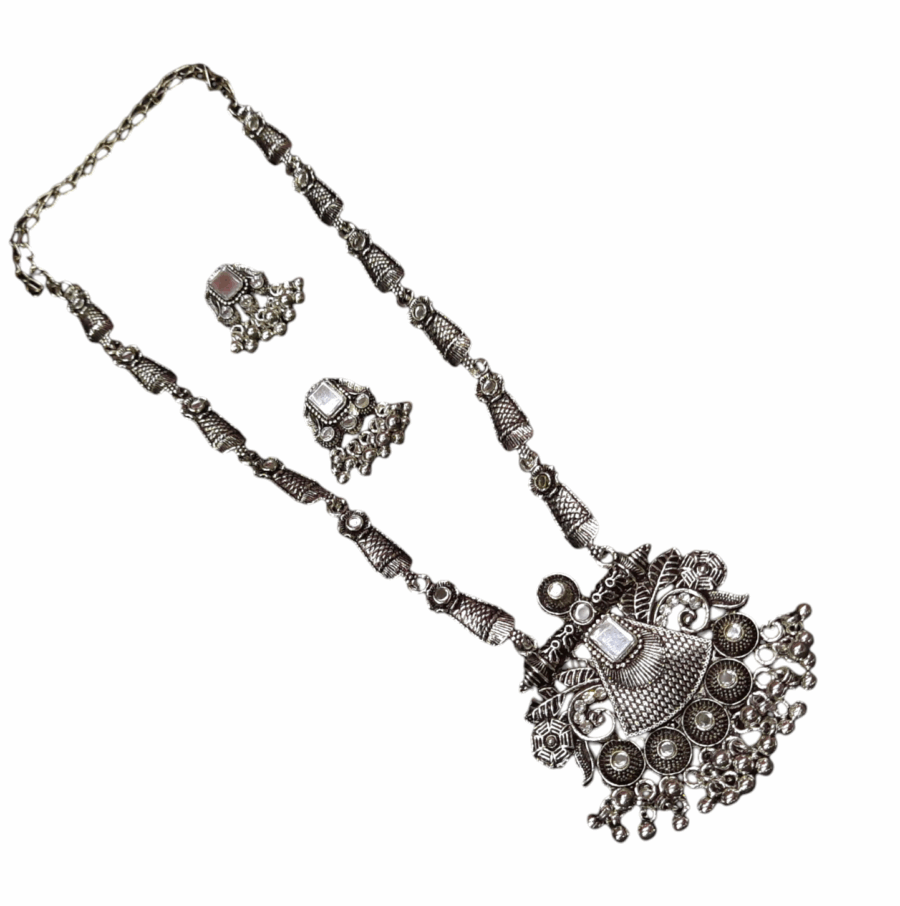 Silver Oxidized Plated Necklace With Earrings Set ( White ) - Image 3