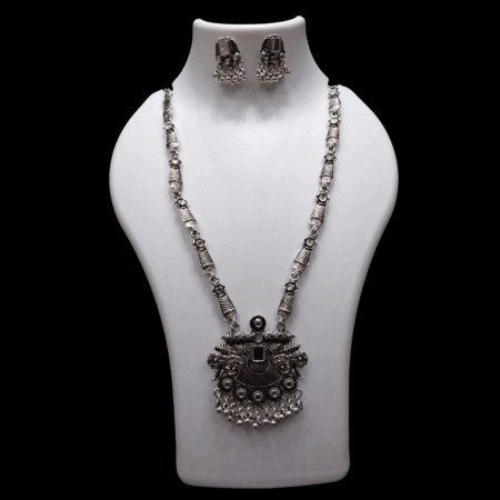 Silver Oxidized Plated Necklace With Earrings Set ( White )
