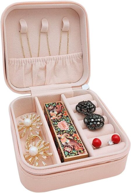 Faux Leather Mini Jewelry Travel Case, Small Travel Jewelry Organizer, Portable Jewelry Box Travel Mini Storage Organizer Portable Display/Storage Box For Rings, Earrings, Necklaces (Pink)