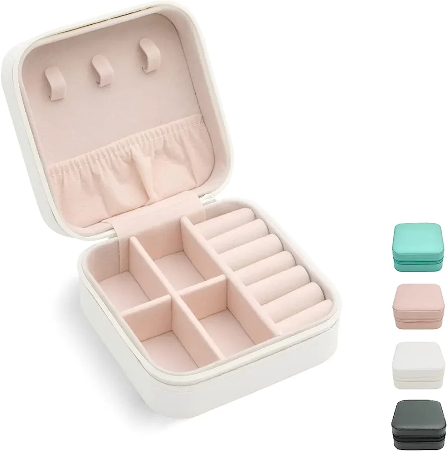 Faux Leather Mini Jewelry Travel Case, Small Travel Jewelry Organizer, Portable Jewelry Box Travel Mini Storage Organizer Portable Display/Storage Box For Rings, Earrings, Necklaces (White) - Image 3