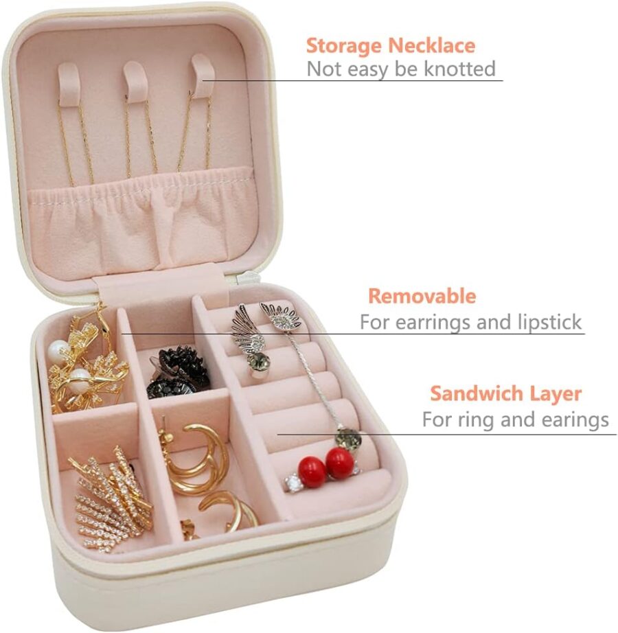 Faux Leather Mini Jewelry Travel Case, Small Travel Jewelry Organizer, Portable Jewelry Box Travel Mini Storage Organizer Portable Display/Storage Box For Rings, Earrings, Necklaces (White) - Image 2