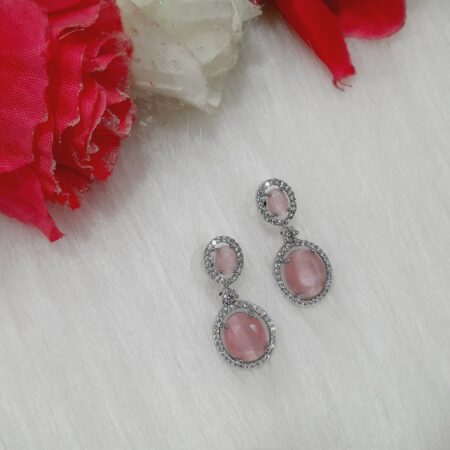 CZ American Diamond Silver Plated Stone Drop Earring (Pastel Pink)