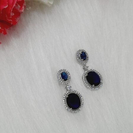 CZ American Diamond Silver Plated Stone Drop Earring (Sapphire Blue)