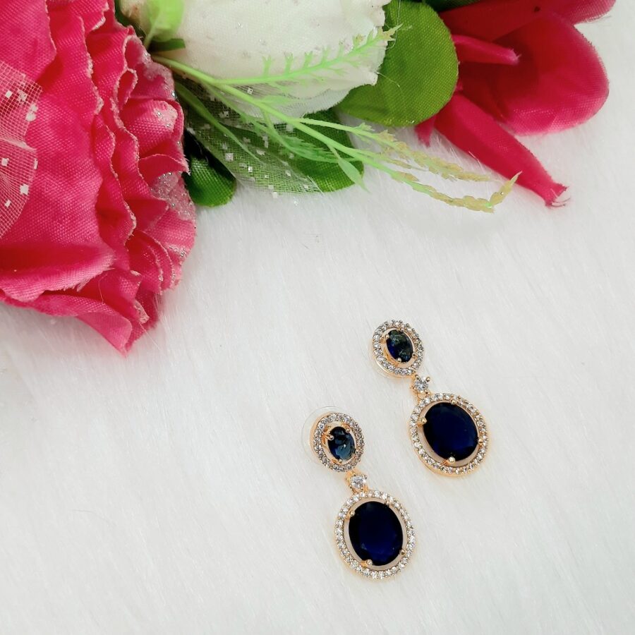 CZ American Diamond Gold Plated Stone Drop Earring (Sapphire Blue)