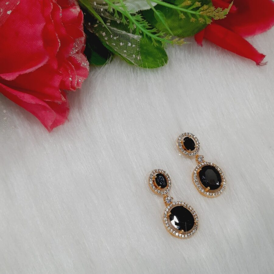 CZ American Diamond Gold Plated Stone Drop Earring (Black)