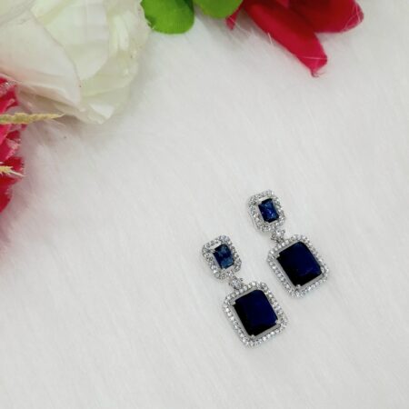CZ American Diamond Silver Plated Stone Drop Earring (Sapphire Blue)