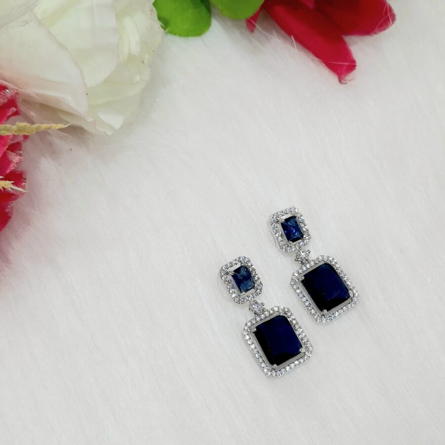 CZ American Diamond Silver Plated Stone Drop Earring (Sapphire Blue)