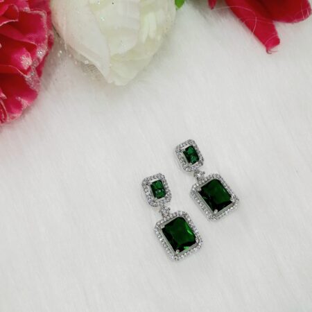 CZ American Diamond Silver Plated Stone Drop Earring (Emerald Green)