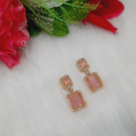 CZ American Diamond Gold Plated Stone Drop Earring (Pastel Pink)