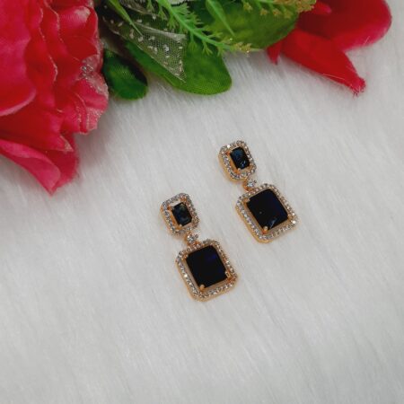CZ American Diamond Gold Plated Stone Drop Earring (Sapphire Blue)