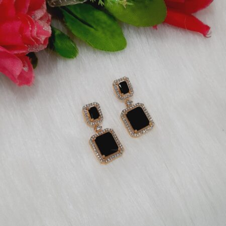 CZ American Diamond Gold Plated Stone Drop Earring (Black)