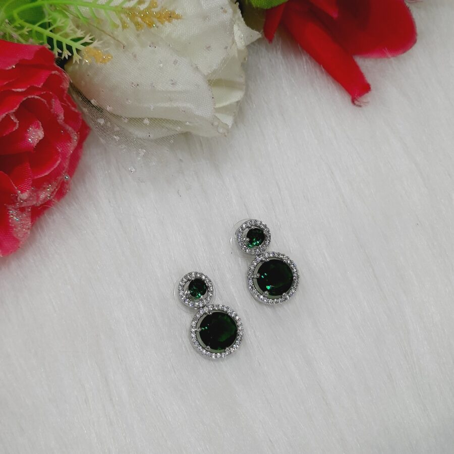 CZ American Diamond Silver Plated Stone Drop Earring (Emerald Green)