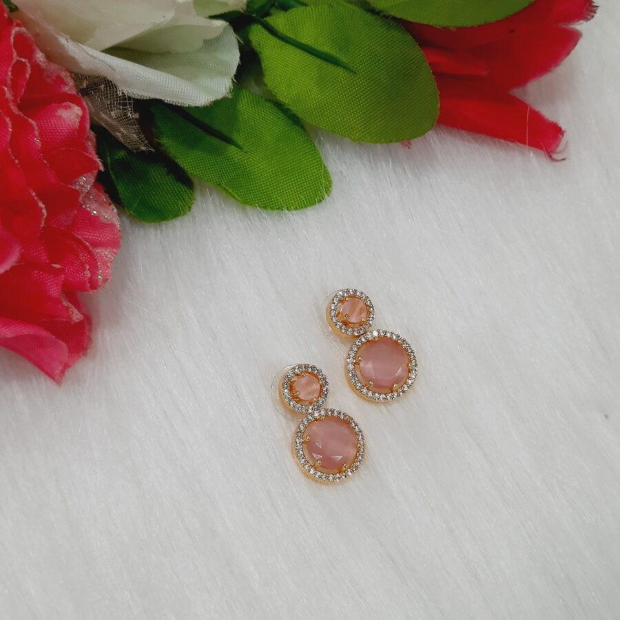 CZ American Diamond Gold Plated Stone Drop Earring (Pastel Pink)