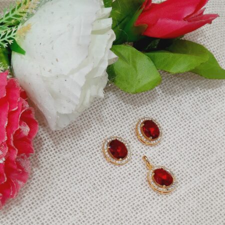 CZ American Diamond Gold Plated Pendent with Studs (Ruby Red)