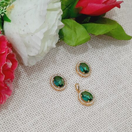 CZ American Diamond Gold Plated Pendent with Studs (Sapphire Green)