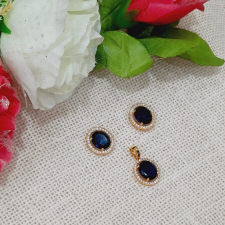 CZ American Diamond Gold Plated Pendent with Studs (Sapphire Blue)