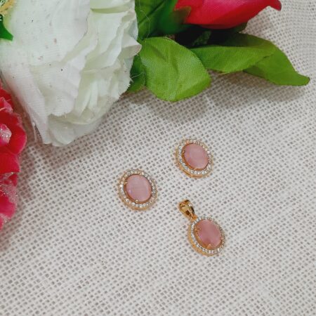 CZ American Diamond Gold Plated Pendent with Studs (Pastel Pink)