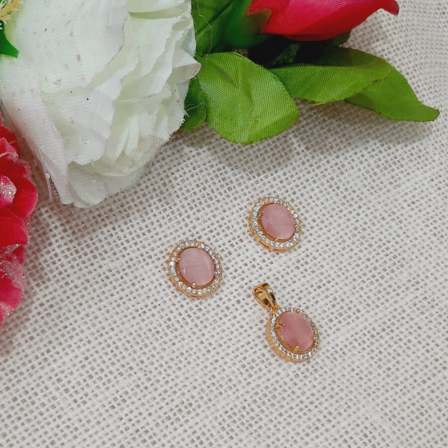 CZ American Diamond Gold Plated Pendent with Studs (Pastel Pink)