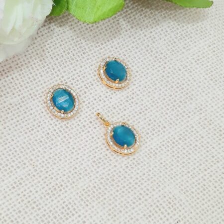 CZ American Diamond Gold Plated Pendent with Studs (Turquoise Blue)