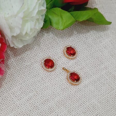 CZ American Diamond Gold Plated Pendent with Studs (Rani Pink)