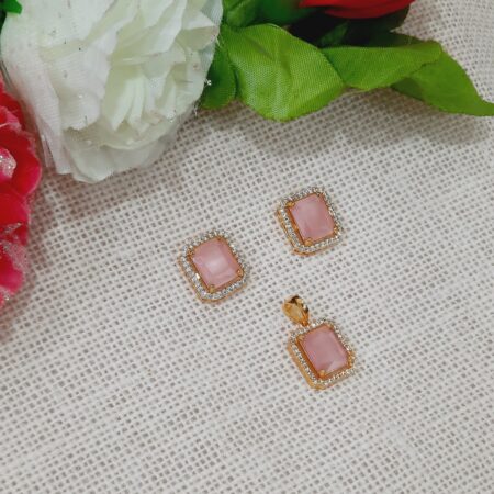 CZ American Diamond Gold Plated Pendent with Studs (Pastel Pink)