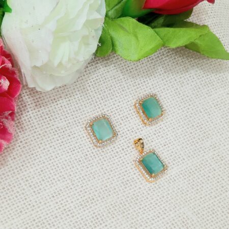 CZ American Diamond Gold Plated Pendent with Studs (Pastel Green)