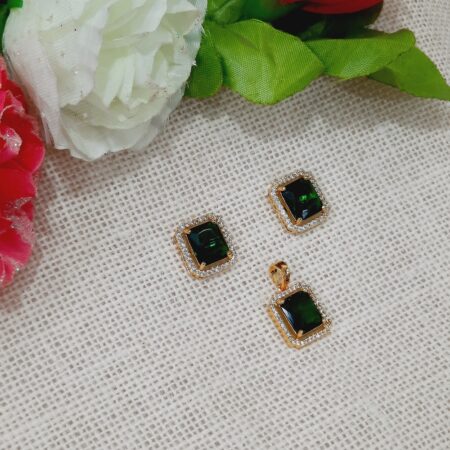 CZ American Diamond Gold Plated Pendent with Studs (Emerald Green)