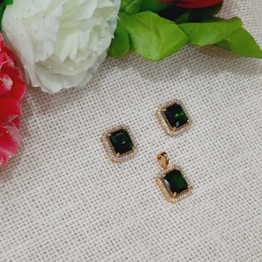 CZ American Diamond Gold Plated Pendent with Studs (Emerald Green)