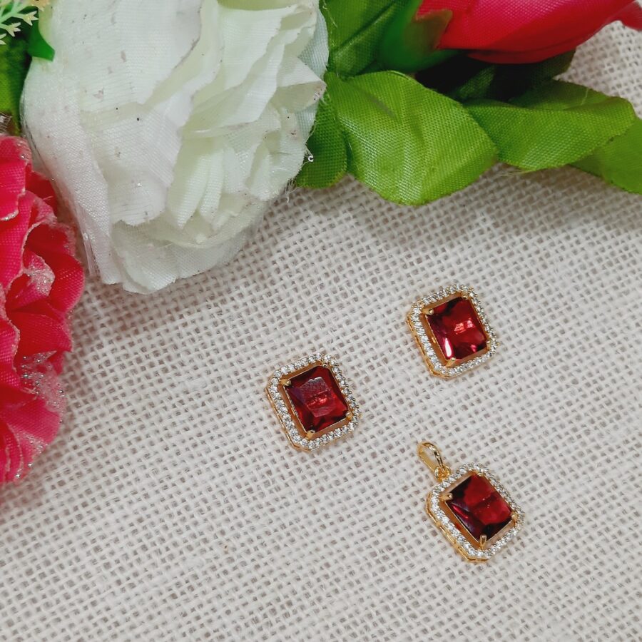 CZ American Diamond Gold Plated Pendent with Studs (Ruby Red)