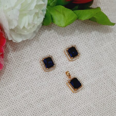 CZ American Diamond Gold Plated Pendent with Studs (Sapphire Blue)