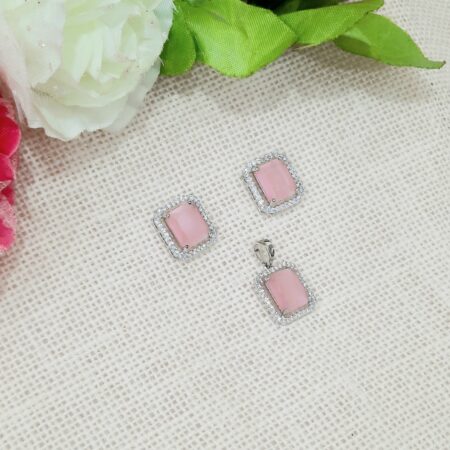 CZ American Diamond Silver Plated Pendent with Studs (Pastel Pink)