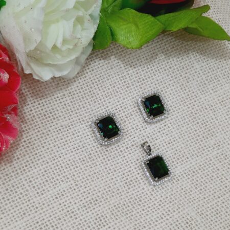 CZ American Diamond Silver Plated Pendent with Studs (Emerald Green)
