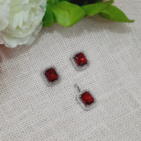 CZ American Diamond Silver Plated Pendent with Studs (Ruby Red)