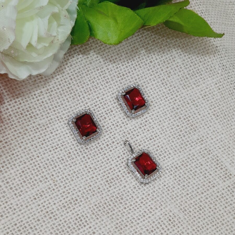 CZ American Diamond Silver Plated Pendent with Studs (Ruby Red)