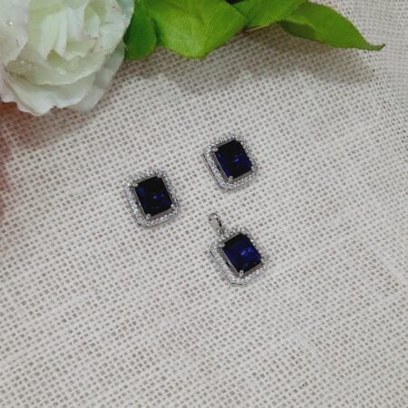 CZ American Diamond Silver Plated Pendent with Studs (Sapphire Blue)